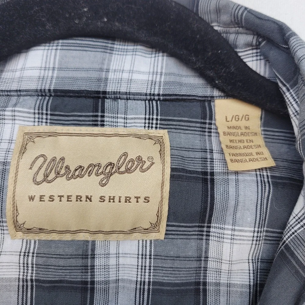 Wrangler Western Shirt Mens Large Gray Blue Plaid Short Sleeve Pearl Snap